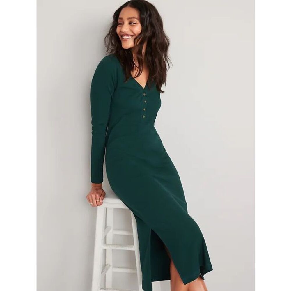 Old Navy V-neck Rib-Knit Henley Midi Dress in "Emerald Isle" Green 2XL #763